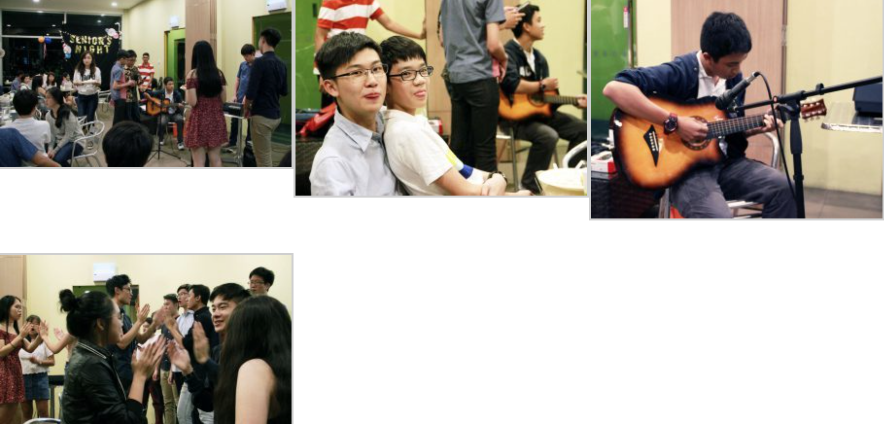Four photos from a Seniors Night event showing young people socializing, a guitarist performing at a mic, and guests clapping.